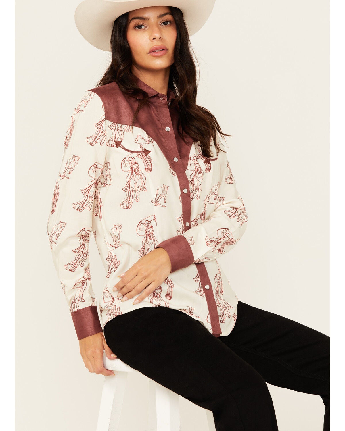 Panhandle Women's Western Print Long Sleeve Pearl Snap Western Shirt, Cream, hi-res