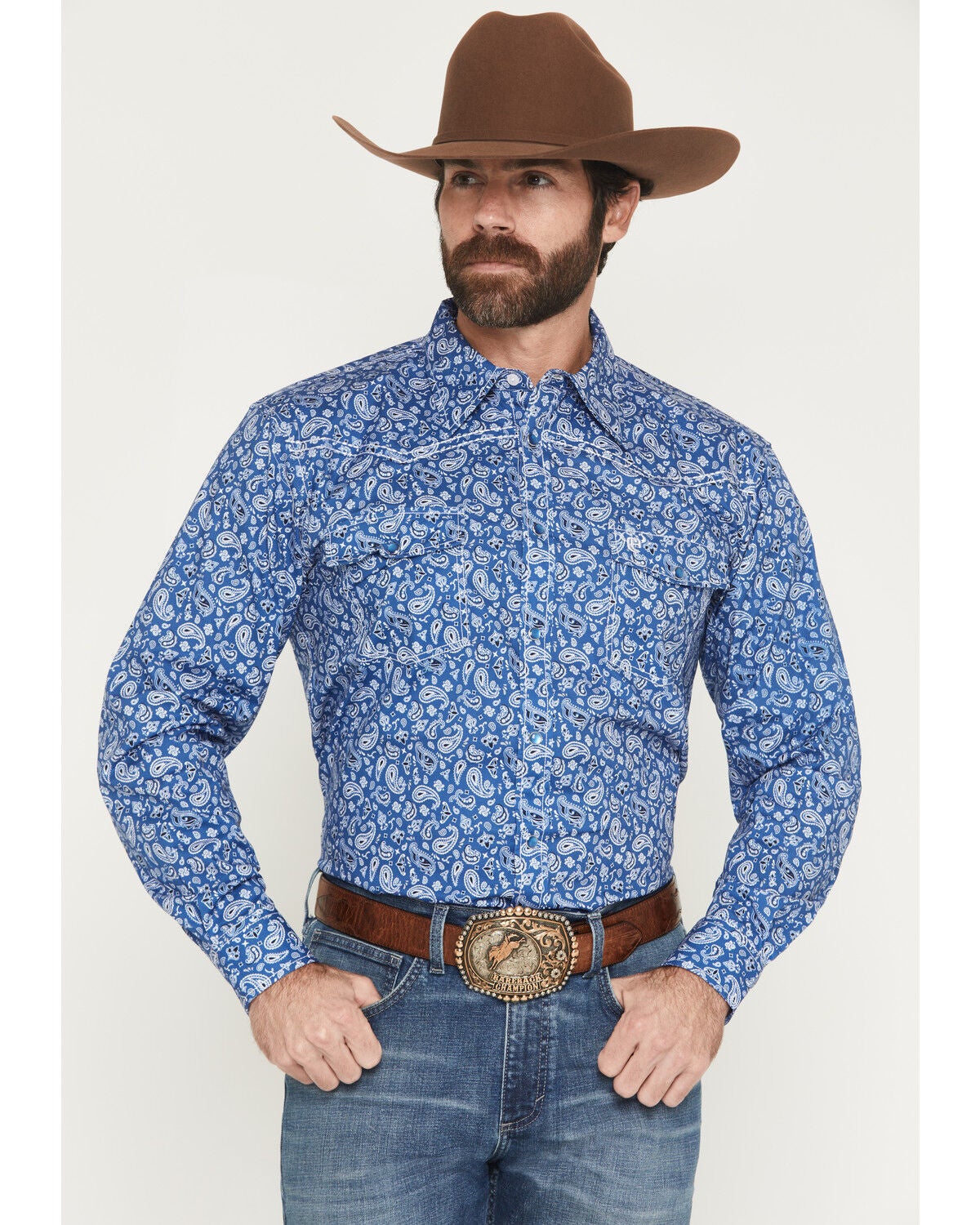 Image #1 - Cowboy Hardware Men's Scatter Paisley Print Long Sleeve Pearl Snap Stretch Western Shirt, Blue, hi-res