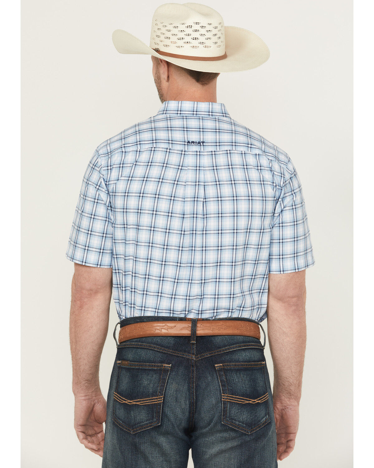 Image #4 - Ariat Men's Cal Pro Series Plaid Print Short Sleeve Button-Down Stretch Western Shirt - Tall, Light Blue, hi-res