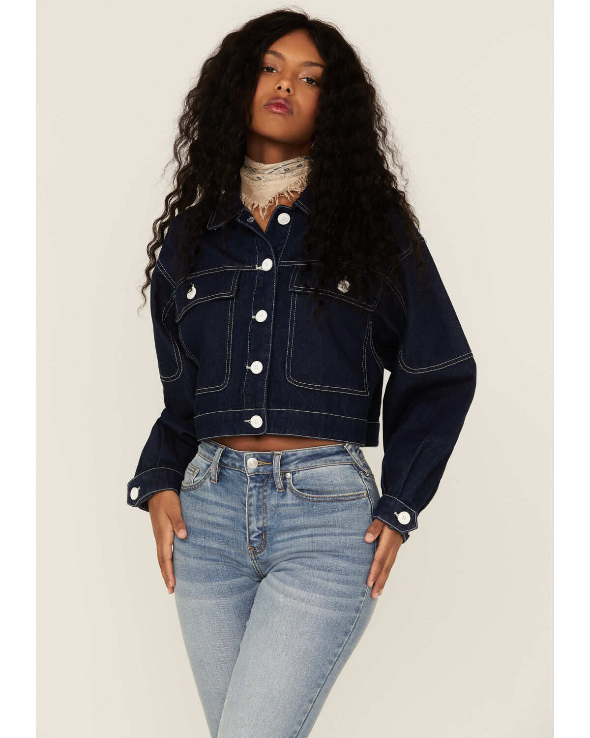 Image #1 - Unpublished Denim Women's Dark Wash Oversized Cropped Button Down Jacket, Blue, hi-res