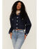 Unpublished Denim Women's Dark Wash Oversized Cropped Button Down Jacket, Blue, hi-res