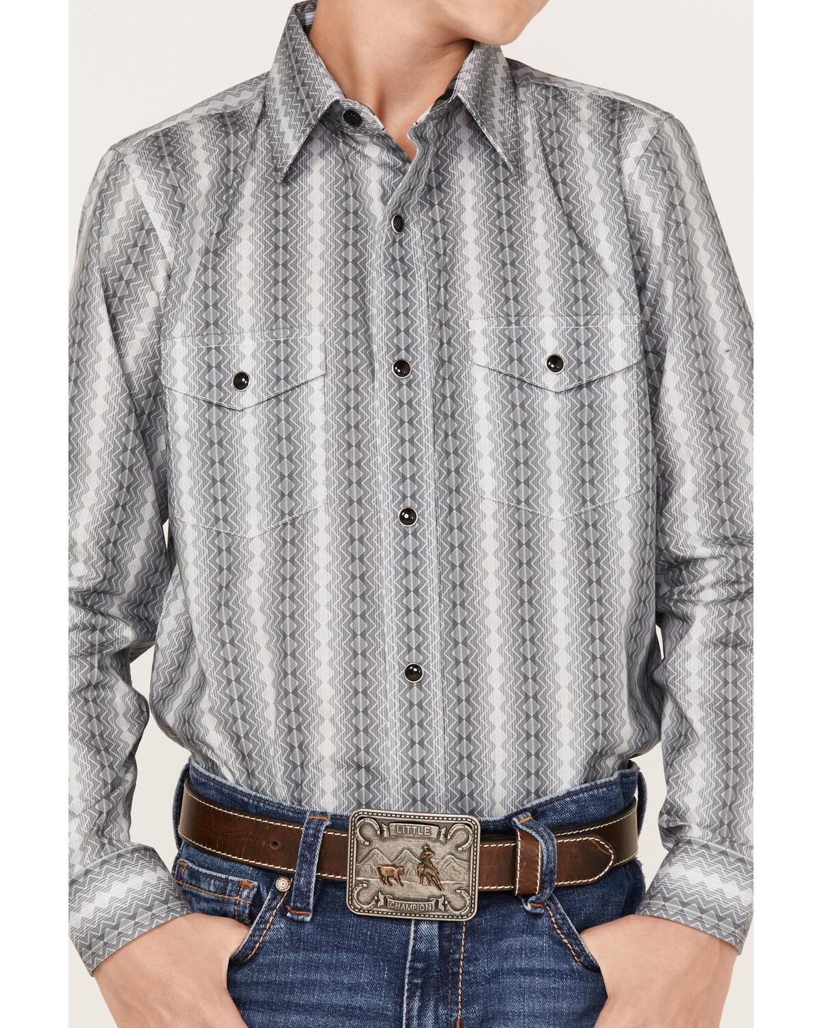 Image #3 - Panhandle Boys' Zig Zag Stripe Print Long Sleeve Western Snap Shirt, Silver, hi-res