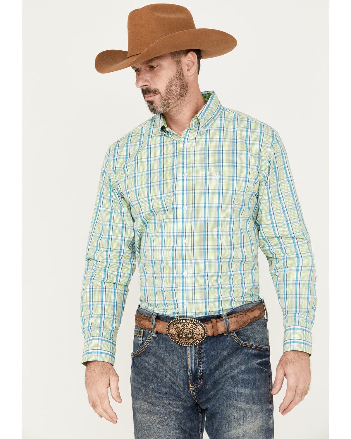 Panhandle Select Men's Plaid Print Long Sleeve Button-Down Western Shirt, Kelly Green, hi-res