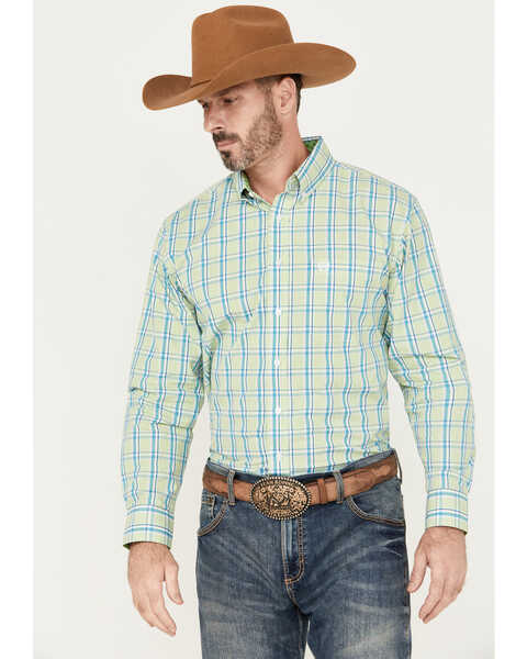 Image #1 - Panhandle Select Men's Plaid Print Long Sleeve Button-Down Western Shirt, Kelly Green, hi-res