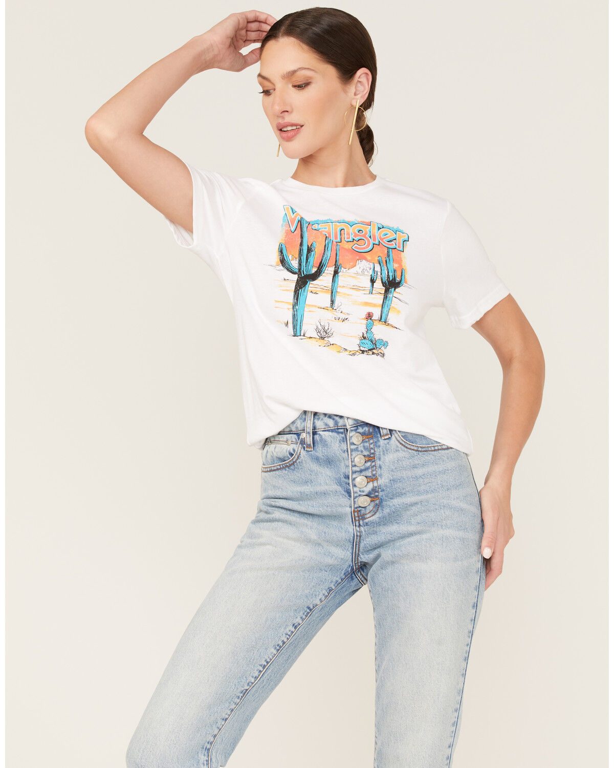 Image #1 - Wrangler Women's Boot Barn Exclusive Sunset Cactus Logo Graphic Tee, White, hi-res