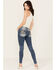 Image #1 - Miss Me Women's Medium Wash Mid Rise Sequins Fleur de Lis Stretch Skinny Jeans , Medium Blue, hi-res