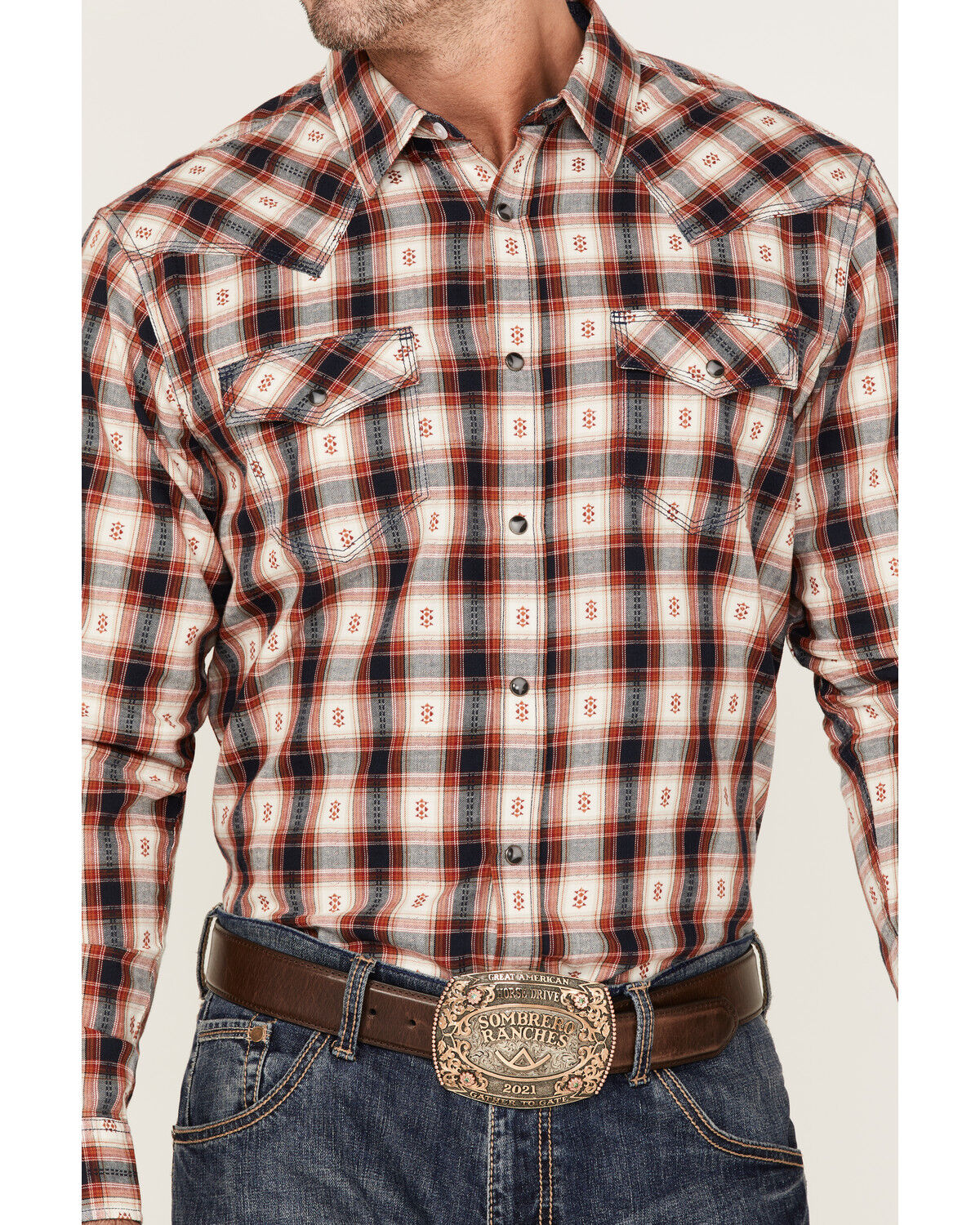 Image #3 - Moonshine Spirit Men's Apache Dobby Plaid Long Sleeve Snap Western Shirt, Cream, hi-res