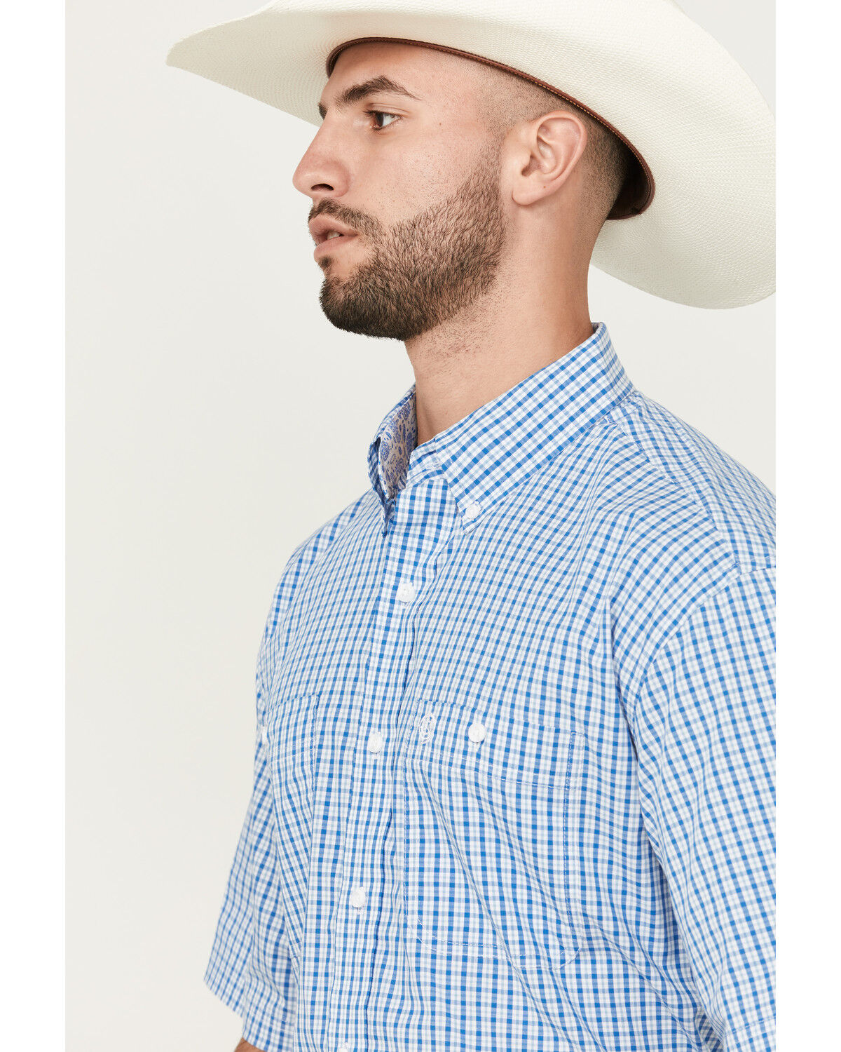 Image #2 - George Strait by Wrangler Men's Plaid Print Short Sleeve Button-Down Stretch Western Shirt, Blue, hi-res