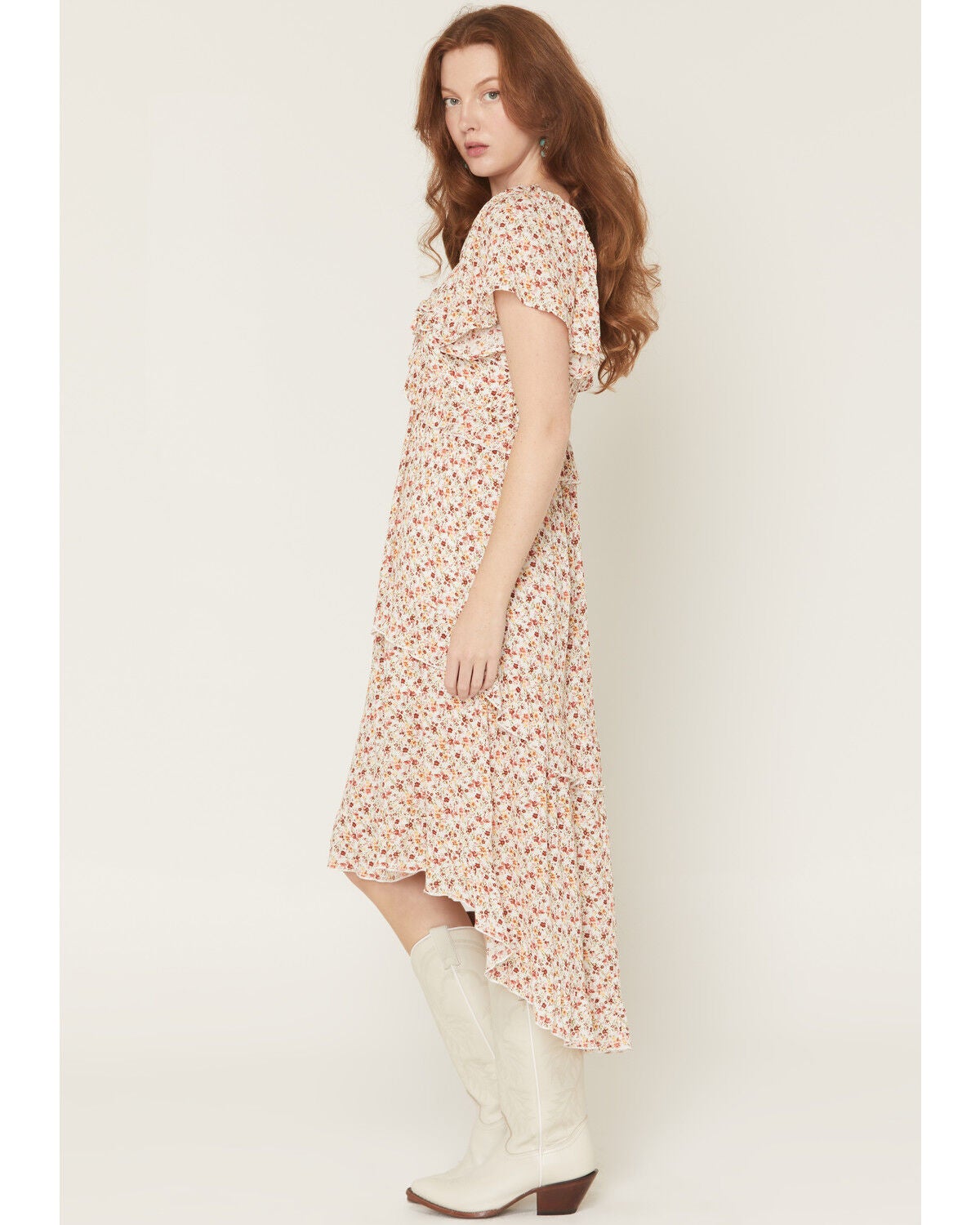 Image #2 - Wild Moss Women's Floral Print Ruffle Tiered High-Low Midi Dress, Multi, hi-res