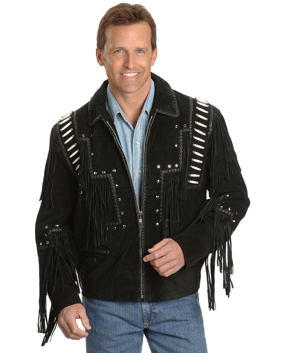 Liberty Wear Bone Fringed Leather Jacket, Black, hi-res