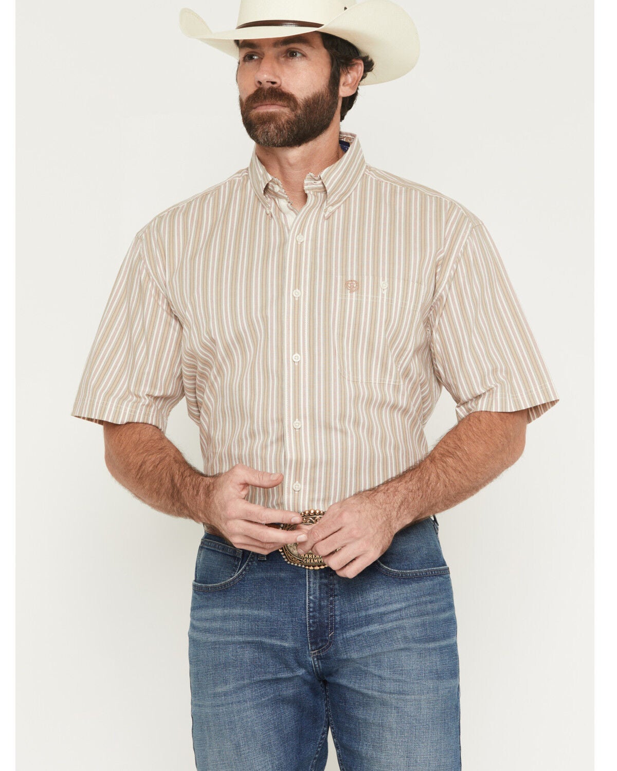 George Strait by Wrangler Men's Striped Short Sleeve Button-Down Stretch Western Shirt - Tall, Tan, hi-res