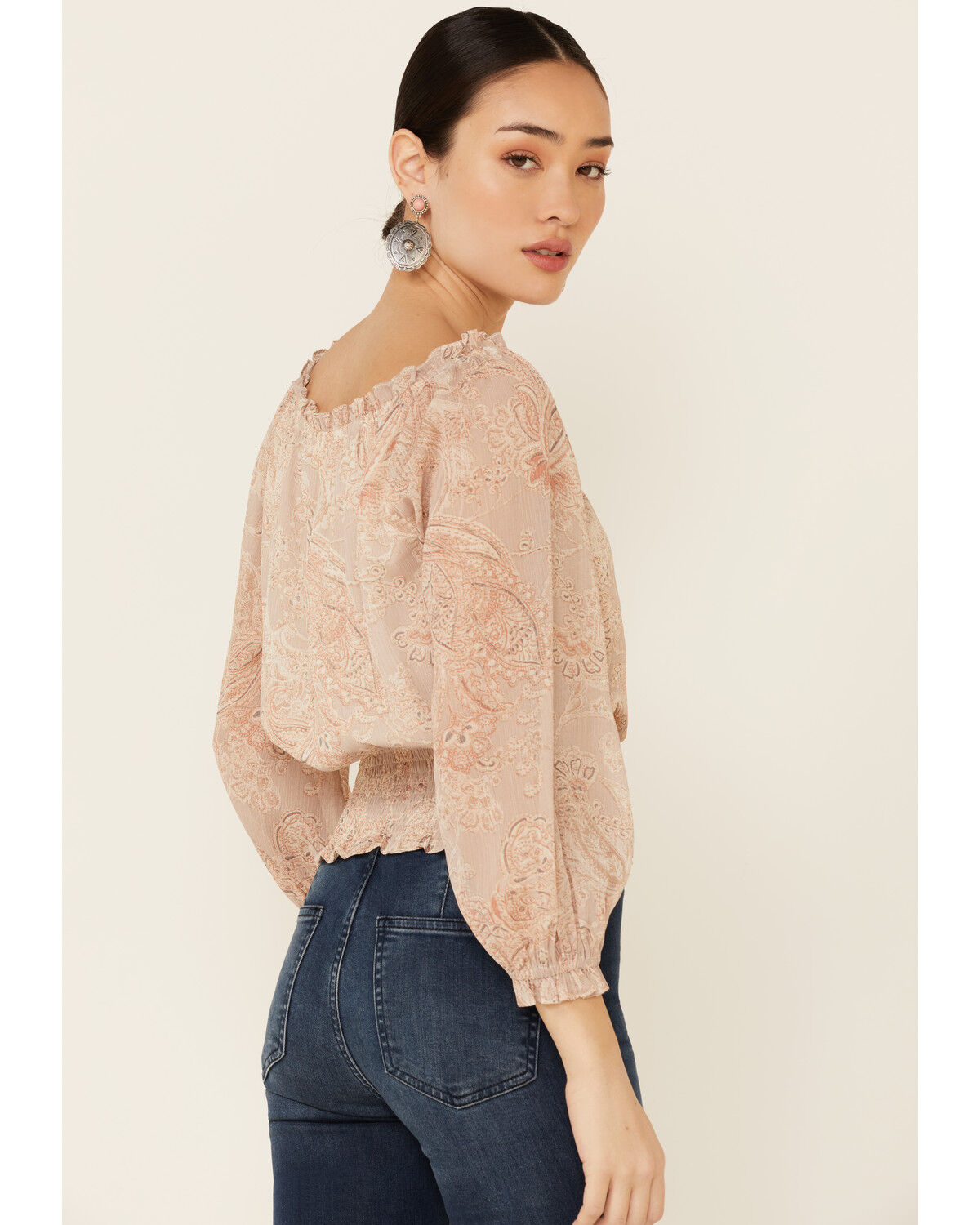 Image #4 - Mystree Women's Floral Paisley Print 3/4 Sleeve Smocked Top, Taupe, hi-res