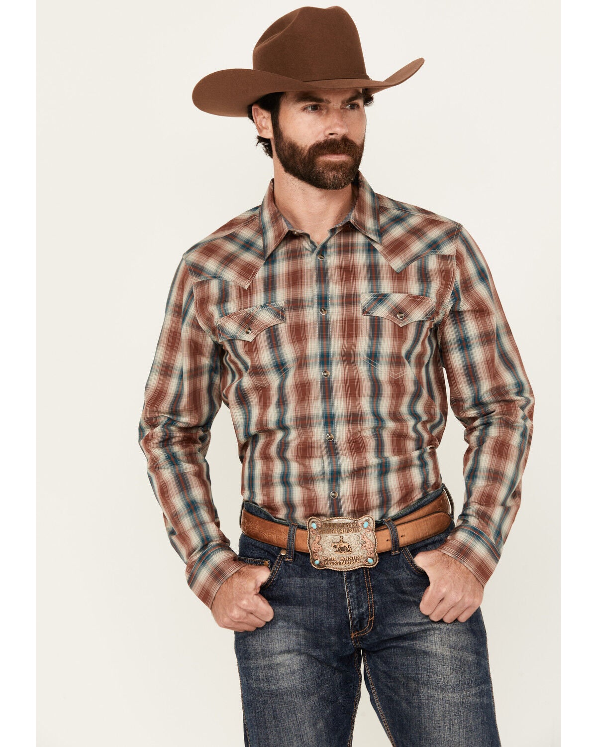 Image #1 - Cody James Men's Ricardo Plaid Print Long Sleeve Snap Western Shirt - Tall, Tan, hi-res