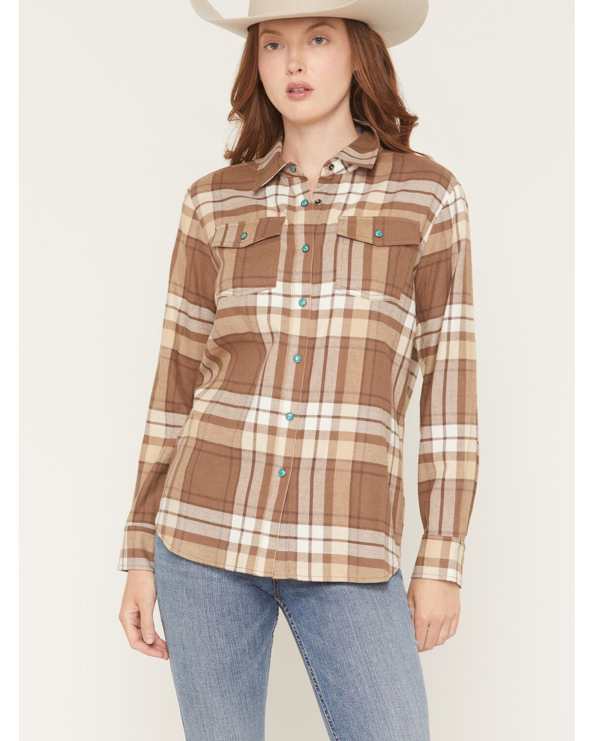 Image #1 - Shyanne Women's Elysprings Plaid Print Long Sleeve Snap Flannel Shirt, Coffee, hi-res
