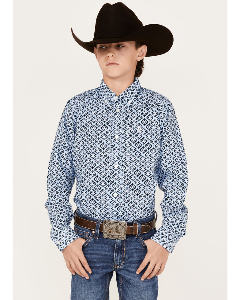 Ariat Boys' Farhan Casual Geo Print Long Sleeve Button-Down Shirt, Blue, hi-res