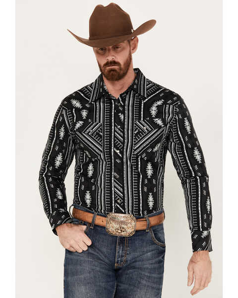 Image #1 - Rock & Roll Denim Men's Southwestern Striped Long Sleeve Western Snap Shirt, Black, hi-res