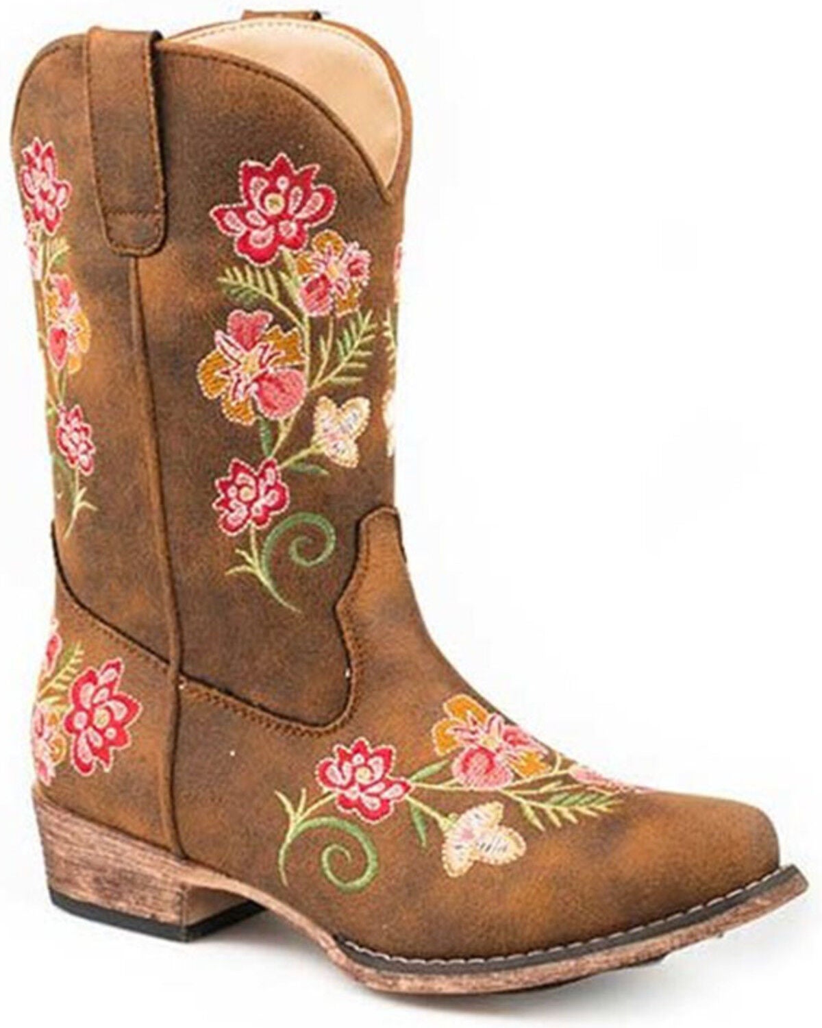 Roper Girls' Juliet Vintage Faux Leather Embroidered Western Boot - Snip Toe, Tan, hi-res