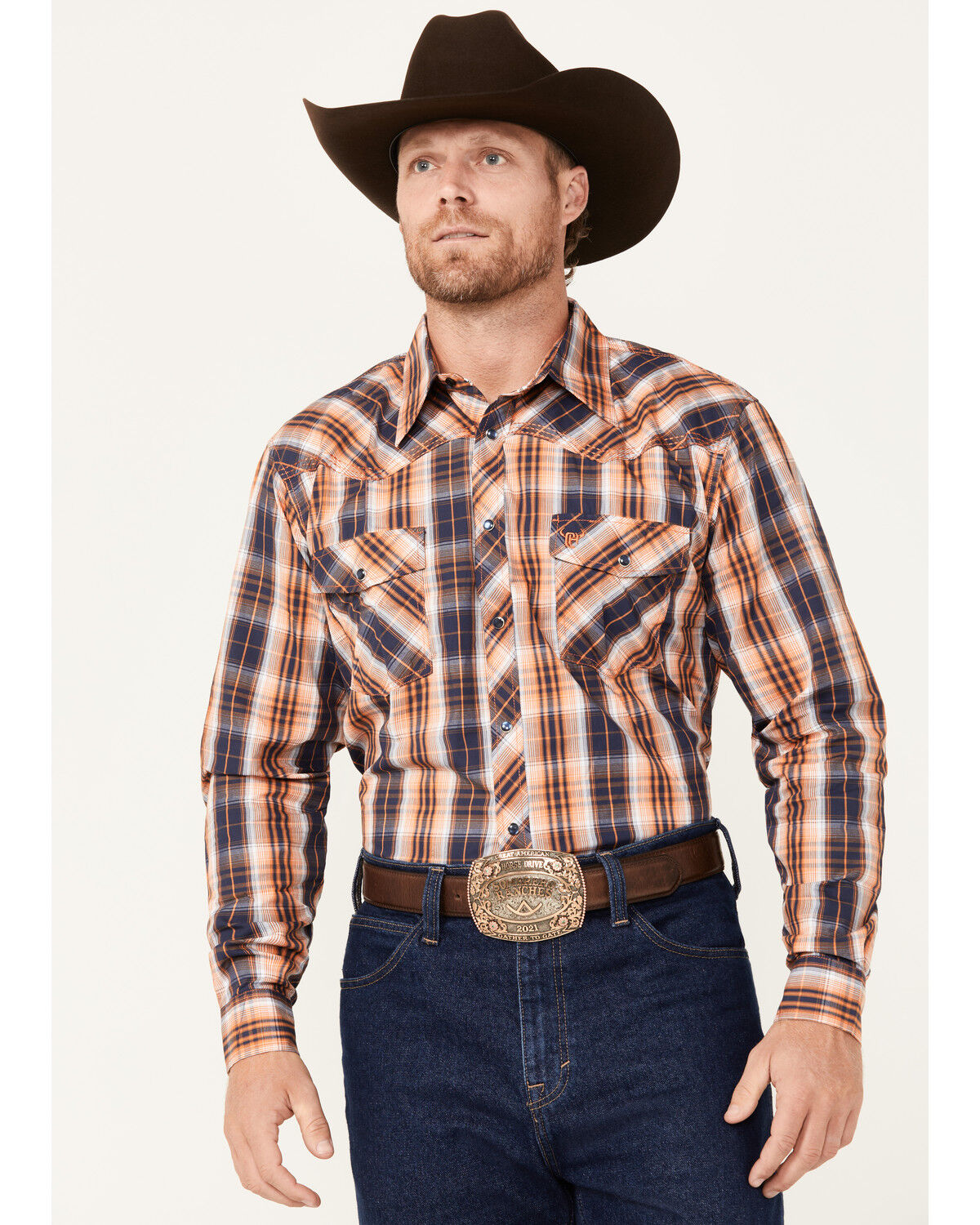 Image #1 - Cowboy Hardware Men's Hermosillo Plaid Print Long Sleeve Snap Western Shirt, Orange, hi-res