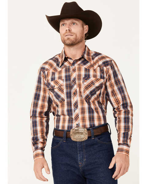 Image #1 - Cowboy Hardware Men's Hermosillo Plaid Print Long Sleeve Snap Western Shirt , Orange, hi-res