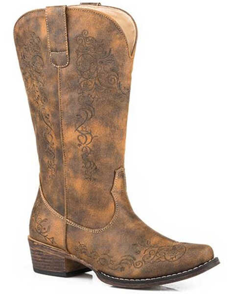 Image #1 - Roper Women's Riley Scroll Western Performance Boots - Snip Toe, Brown, hi-res