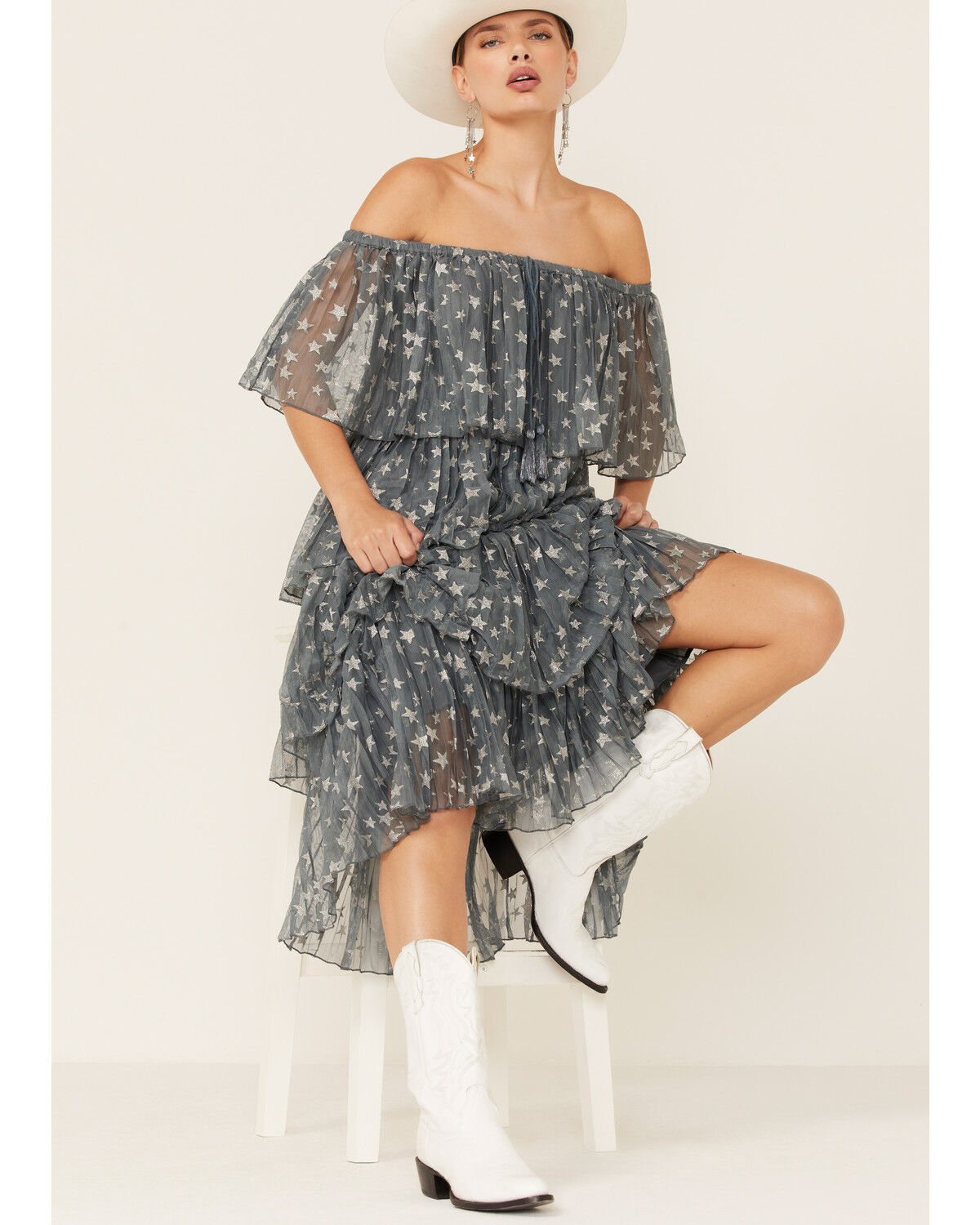 Image #1 - Z&L Women's Off-the-Shoulder Star Print Tiered Midi Dress, Multi, hi-res