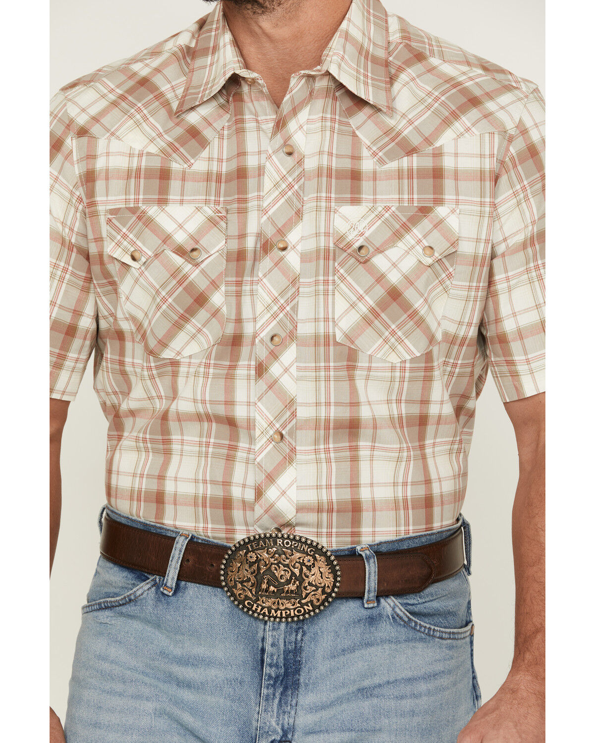 Image #3 - Wrangler Retro Men's Plaid Print Short Sleeve Snap Western Shirt, Lt Brown, hi-res