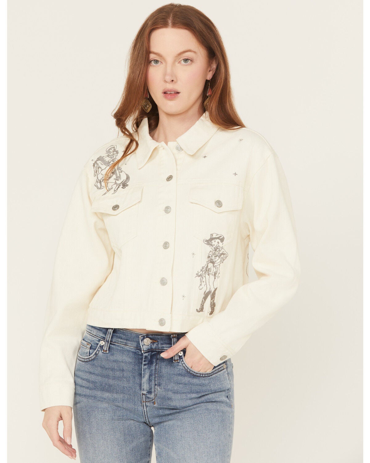 Blue B Women's Cowgirl Embroidered Denim Trucker Jacket, Cream, hi-res