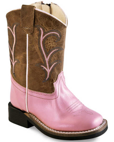 Old West Toddler Girls' Pink Leather Boots - Square Toe, Pink, hi-res