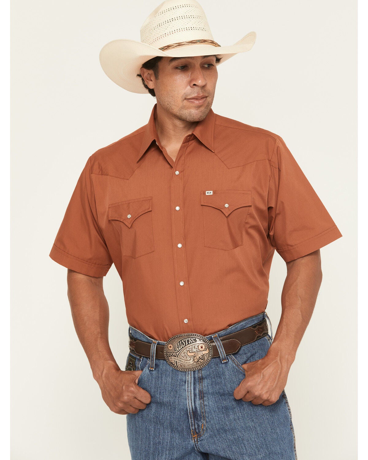 Ely Walker Men's Boot Barn Exclusive Solid Short Sleeve Snap Western Shirt, Rust Copper, hi-res