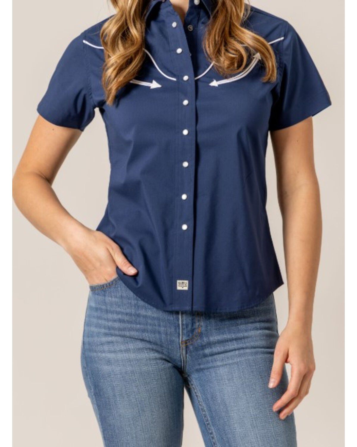 Image #1 - Kimes Ranch Women's Long Horn Solid Short Sleeve Snap Western Shirt, Navy, hi-res