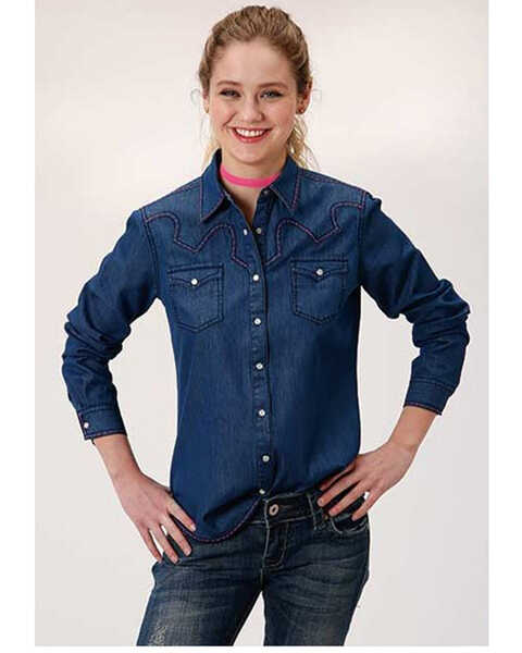 Roper Women's Medium Wash Contrast Yoke Long Sleeve Western Shirt , Blue, hi-res