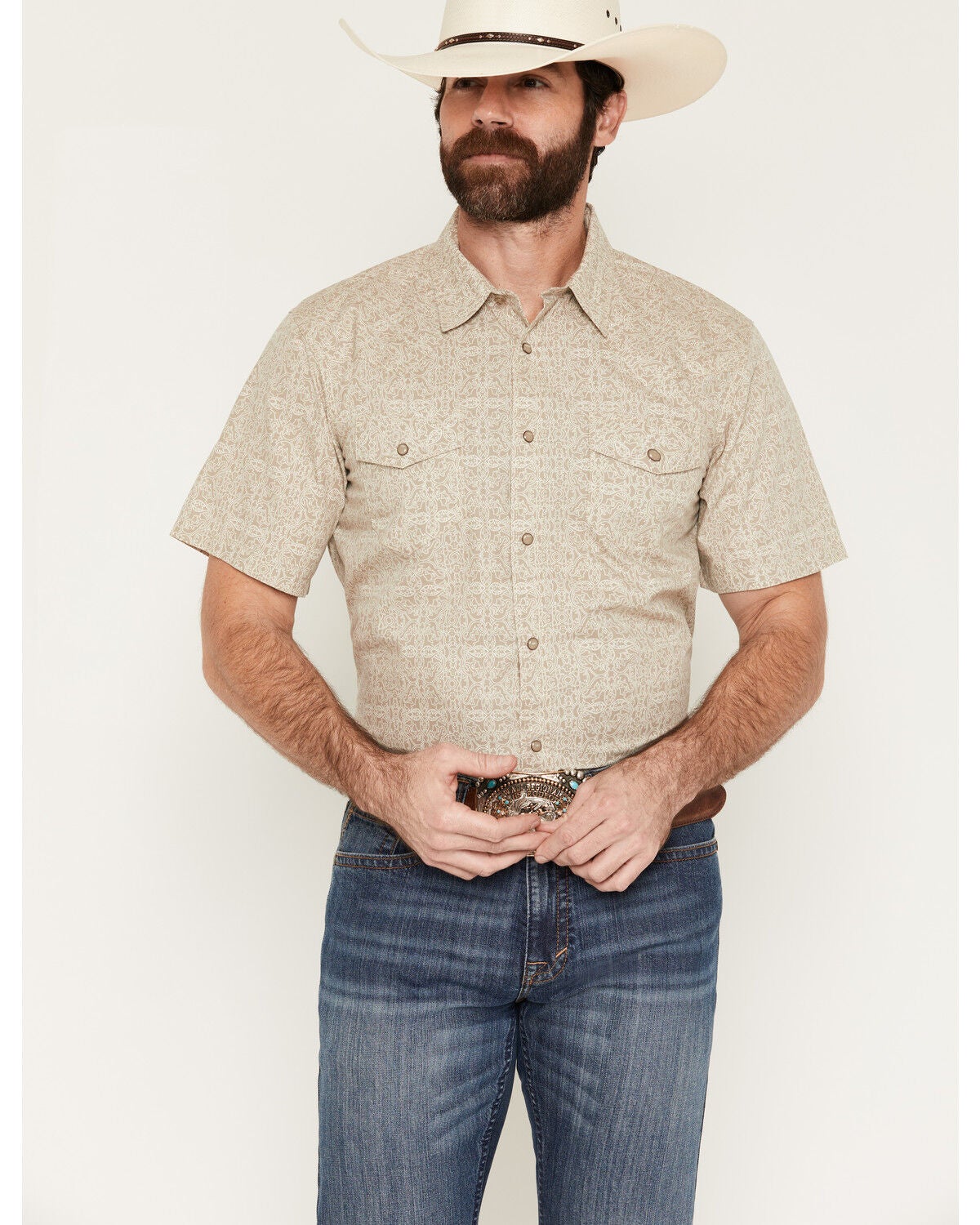 Gibson Trading Co Men's Timeless Medallion Print Short Sleeve Snap Western Shirt, Tan, hi-res