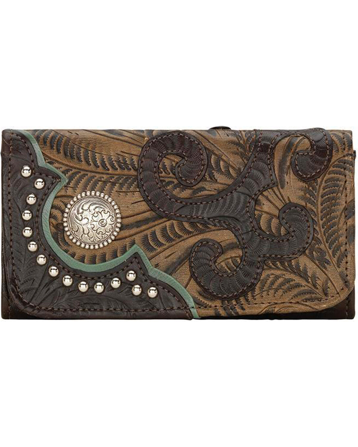 Image #1 - American West Women's Hand Tooled Tri-Fold Wallet, Chocolate, hi-res
