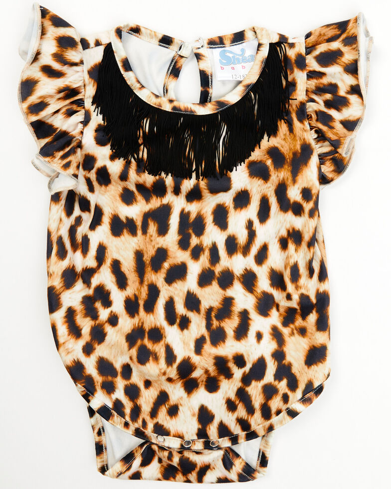 Shea Baby Infant-Girls' Cheetah Print Fringe Onesie, Cheetah, hi-res