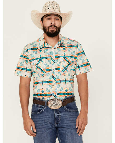 Rock & Roll Denim Men's Southwestern Print Short Sleeve Snap Stretch Western Shirt , Cream, hi-res