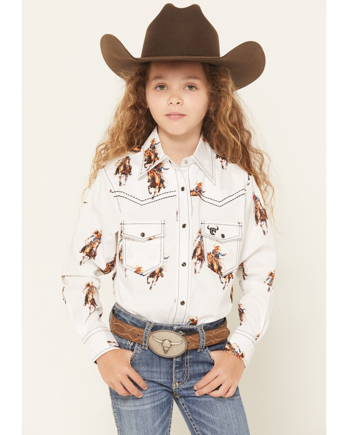 Cowgirl Hardware Girls' Vintage Cowgirl Long Sleeve Snap Stretch Western Shirt, White, hi-res