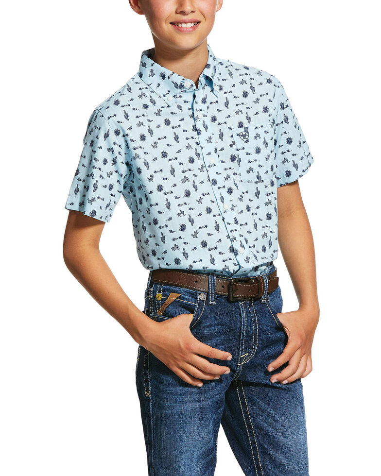 Ariat Boys' Norristown Cactus Geo Print Short Sleeve Western Shirt , Light Blue, hi-res