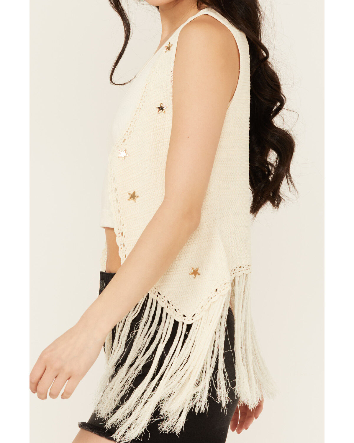 Image #3 - Blue B Women's Star Crochet Fringe Vest, Taupe, hi-res