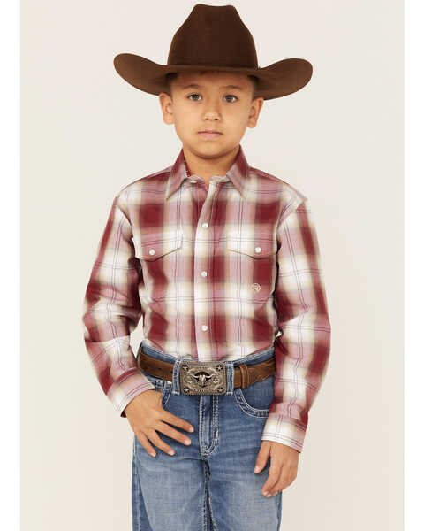 Roper Boys' Amarillo Plaid Print Long Sleeve Western Pearl Snap Shirt, Red, hi-res