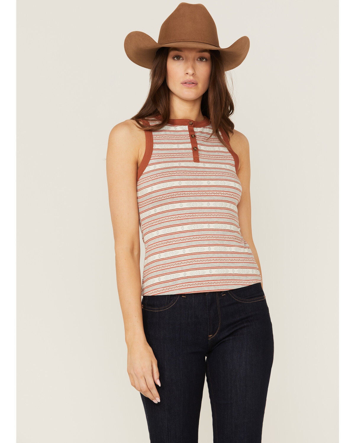RANK 45&reg; Women's Southwestern Stripe Henley Tank Top, Rust Copper, hi-res