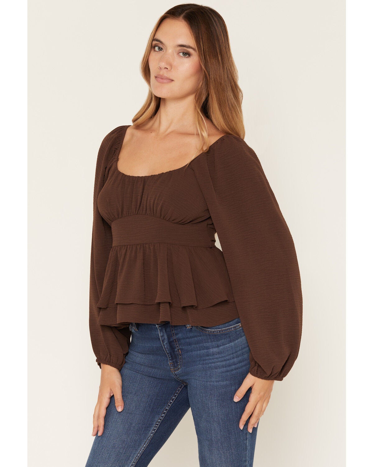 Originality Women's Boot Barn Exclusive Emma Double Layer Peplum Top, Brown, hi-res