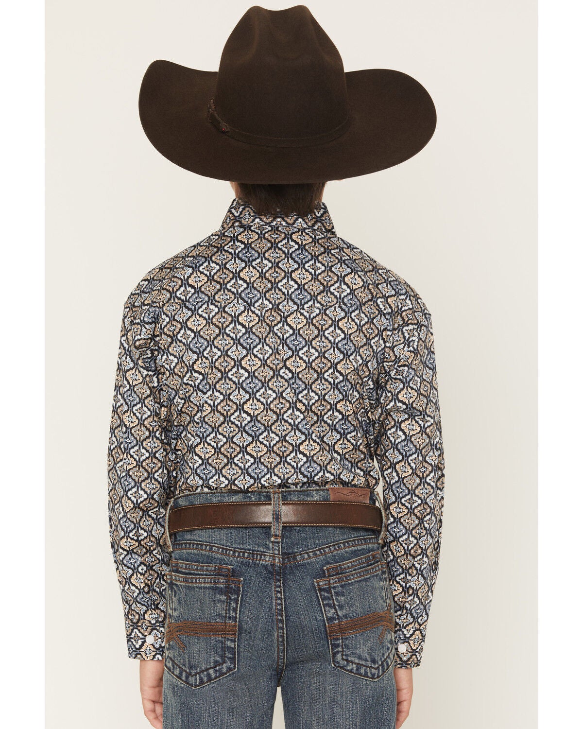 Image #4 - Panhandle Slim Boys' Geo Print Long Sleeve Snap Stretch Western Shirt, Navy, hi-res