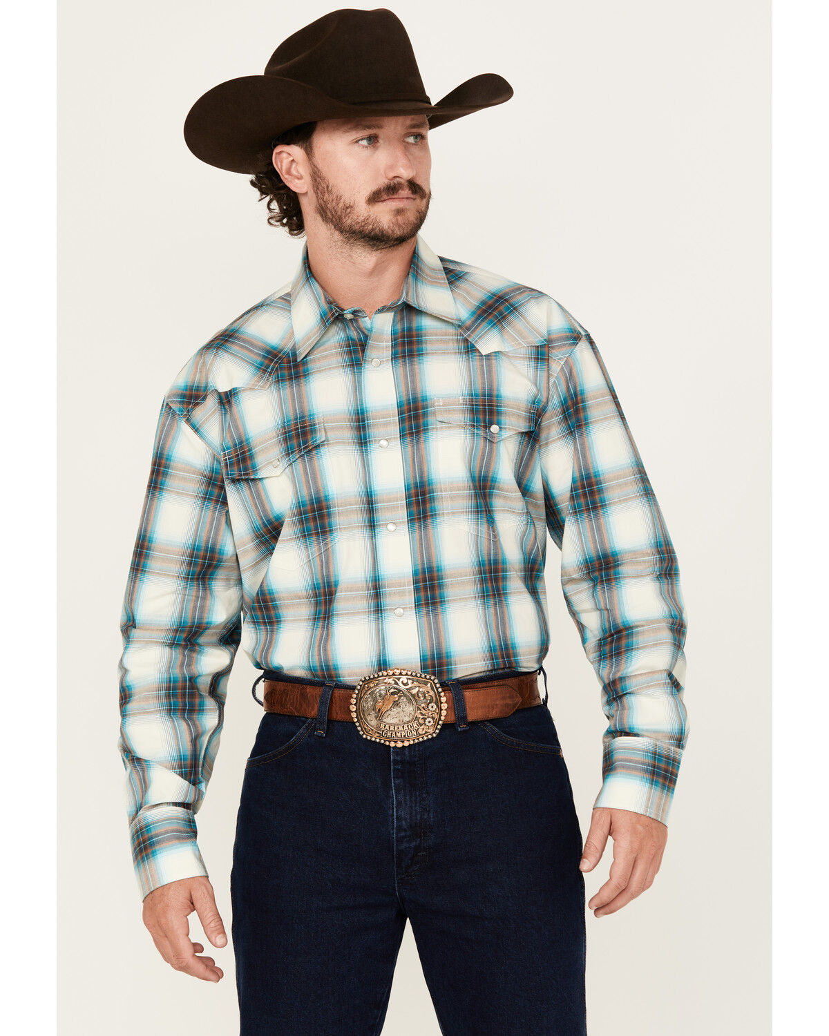 Image #1 - Roper Men's Amarillo Plaid Print Long Sleeve Snap Western Shirt, Turquoise, hi-res