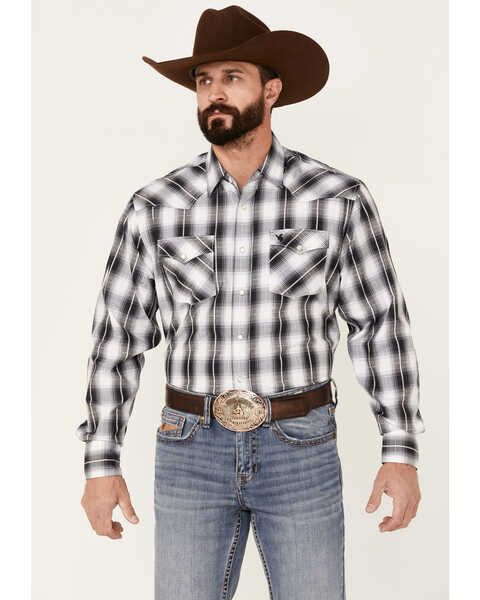 Rodeo Clothing Men's Back & White Large Dobby Plaid Long Sleeve Snap Western Shirt , Grey, hi-res