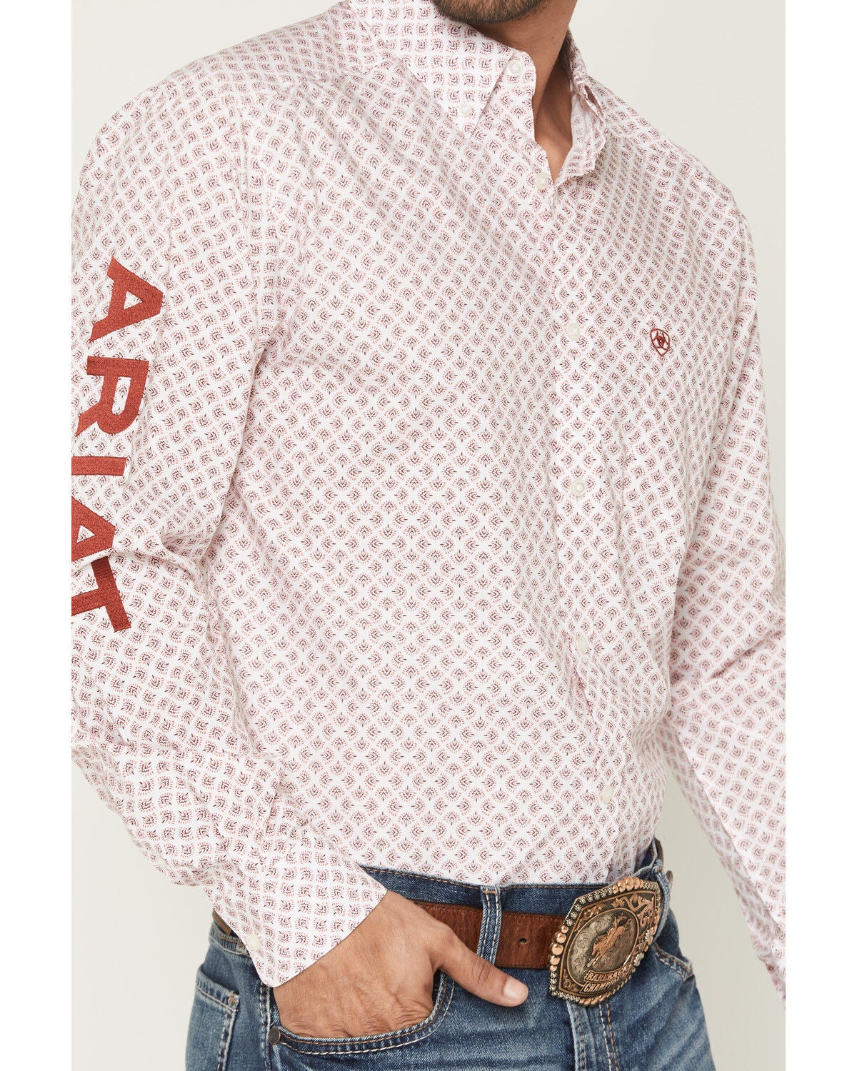 Image #3 - Ariat Men's Team Donovan Feather Print Long Sleeve Button-Down Western Shirt, White, hi-res