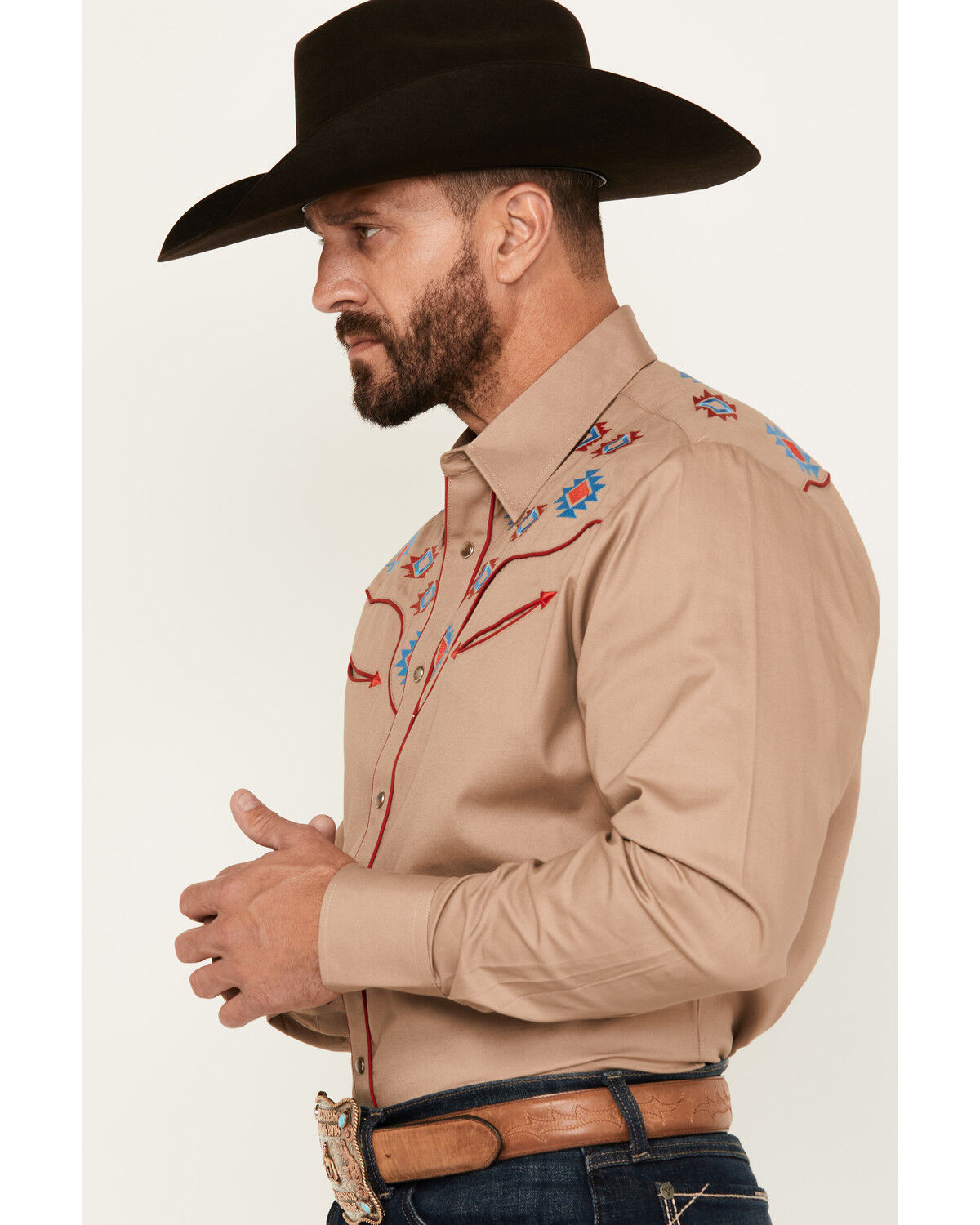 Image #2 - Rodeo Clothing Men's Embroidered Yoke Long Sleeve Snap Western Shirt, Tan, hi-res