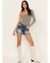 Miss Me Women's Dark Wash High Rise Star Paisley Patch Print Frayed Shorts, Dark Blue, hi-res