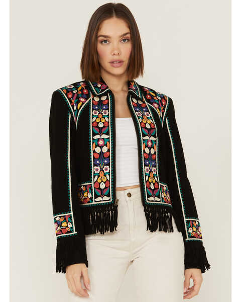 Image #1 - Double D Ranch Women's Justyna Embroidered Fringe Suede Jacket, Black, hi-res