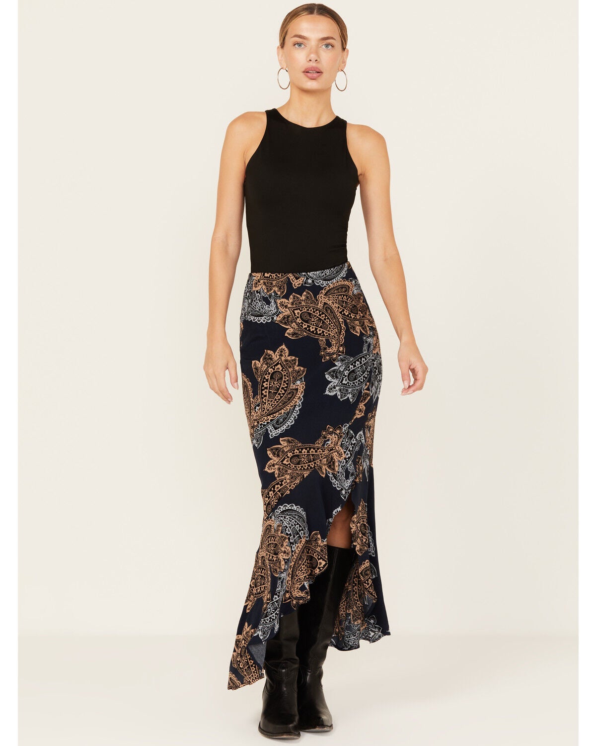 Shyanne Women's Printed Ruffle Slip Maxi Skirt, Indigo, hi-res