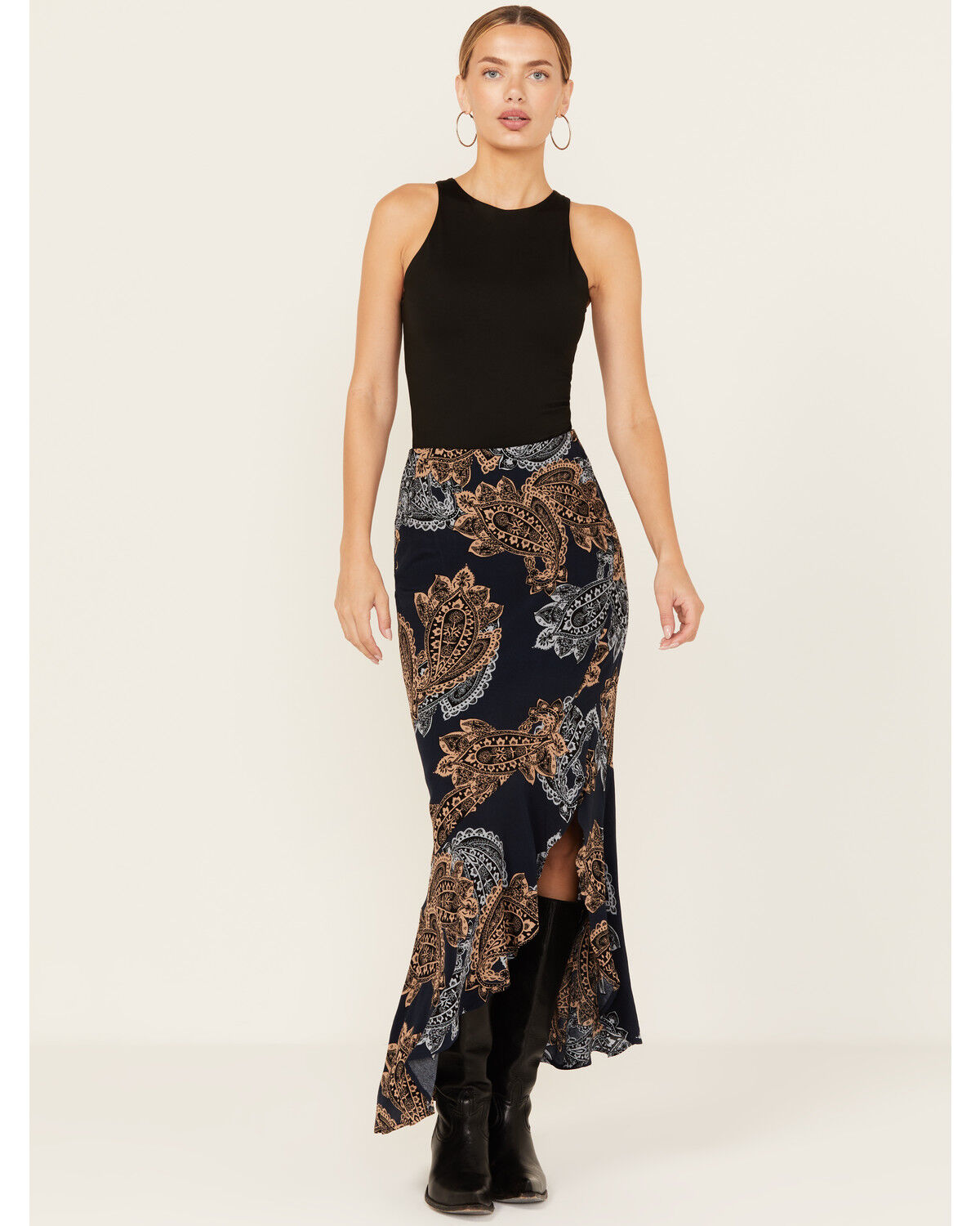 Image #1 - Shyanne Women's Printed Ruffle Slip Maxi Skirt, Indigo, hi-res